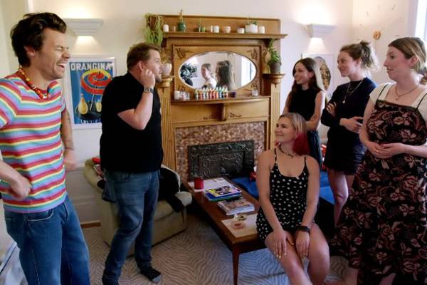 Harry Styles and James Corden shoot "Daylight" video in Brooklyn fans' apartment