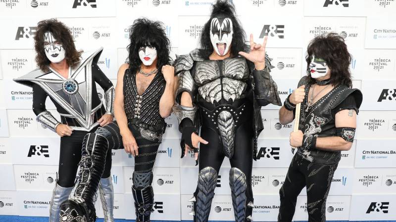 NEW YORK, NEW YORK - JUNE 11: (L-R) Tommy Thayer, Paul Stanley, Gene Simmons, and Eric Singer of KISS attend the 2021 Tribeca Festival screening of "Biography: KISStory" at The Battery on June 11, 2021 in New York City. (Photo by Monica Schipper/Getty Images)