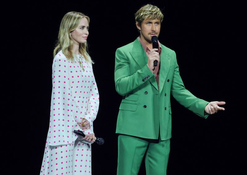 LAS VEGAS, NEVADA - APRIL 26: Ryan Gosling (L) and Emily Blunt speak onstage to promote the upcoming film "The Fall Guy" during the Universal Pictures and Focus Features presentation during CinemaCon, the official convention of the National Association of Theatre Owners, at The Colosseum at Caesars Palace on April 26, 2023 in Las Vegas, Nevada. (Photo by Ethan Miller/Getty Images)